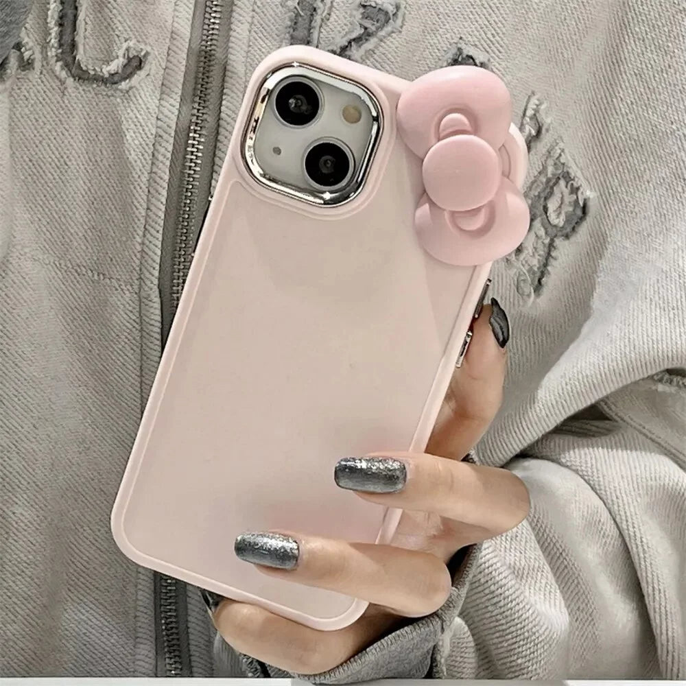 Cute 3D Pink Bowknot Soft Silicone Phone Case for Iphone 15 14 13 12 11 Pro Max X XR Soild Color Shockproof Cover Funda