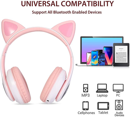 Kids Wireless Headphones Cat Ear LED Light up Bluetooth Foldable Headphones over Ear W/Microphone for Online Distant Learning (Pink)