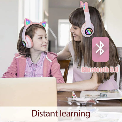 Kids Wireless Headphones Cat Ear LED Light up Bluetooth Foldable Headphones over Ear W/Microphone for Online Distant Learning (Pink)